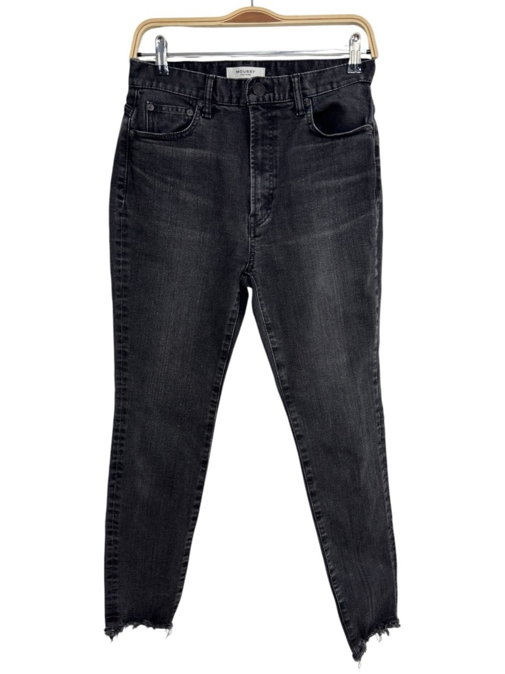 Moussy Vintage Raw Hem Skinny Jeans Size 29 Black Wash Mid Rise Ankle Denim